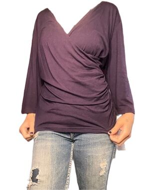 Women's Purple Wrap-Style Ruched Short Sleeve Top | Size 3X | Soft Stretch Knit